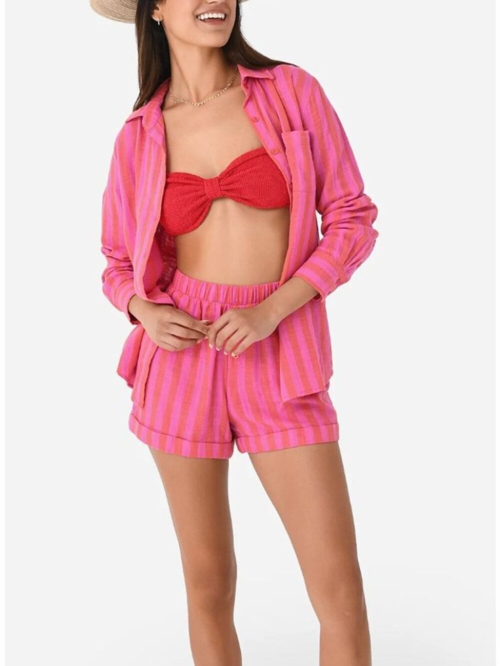 Z SUPPLY Resort Saturdays Stripe Shirt + Matching Shorts Pink Medium